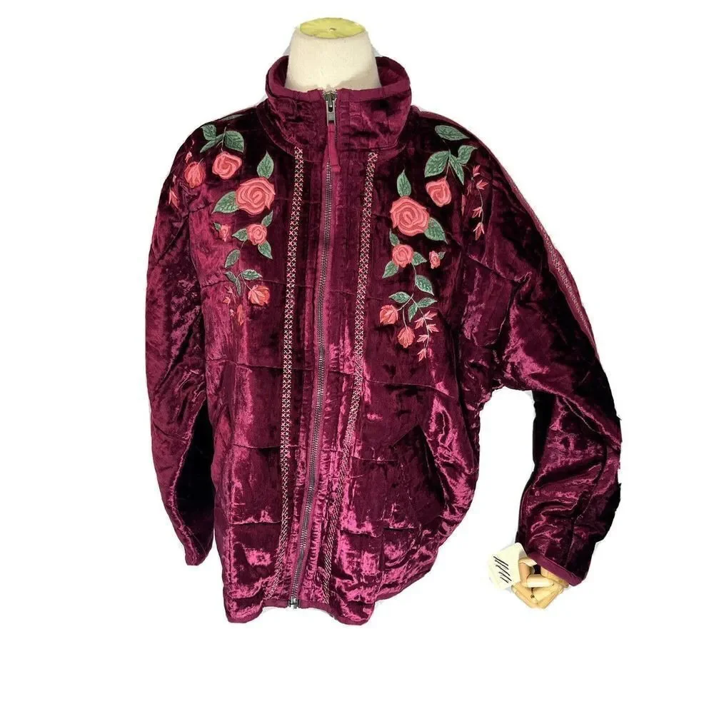 Free People x Anna Sui Rose Garden Velvet Embroidery Dolman Quilted Jacket New M